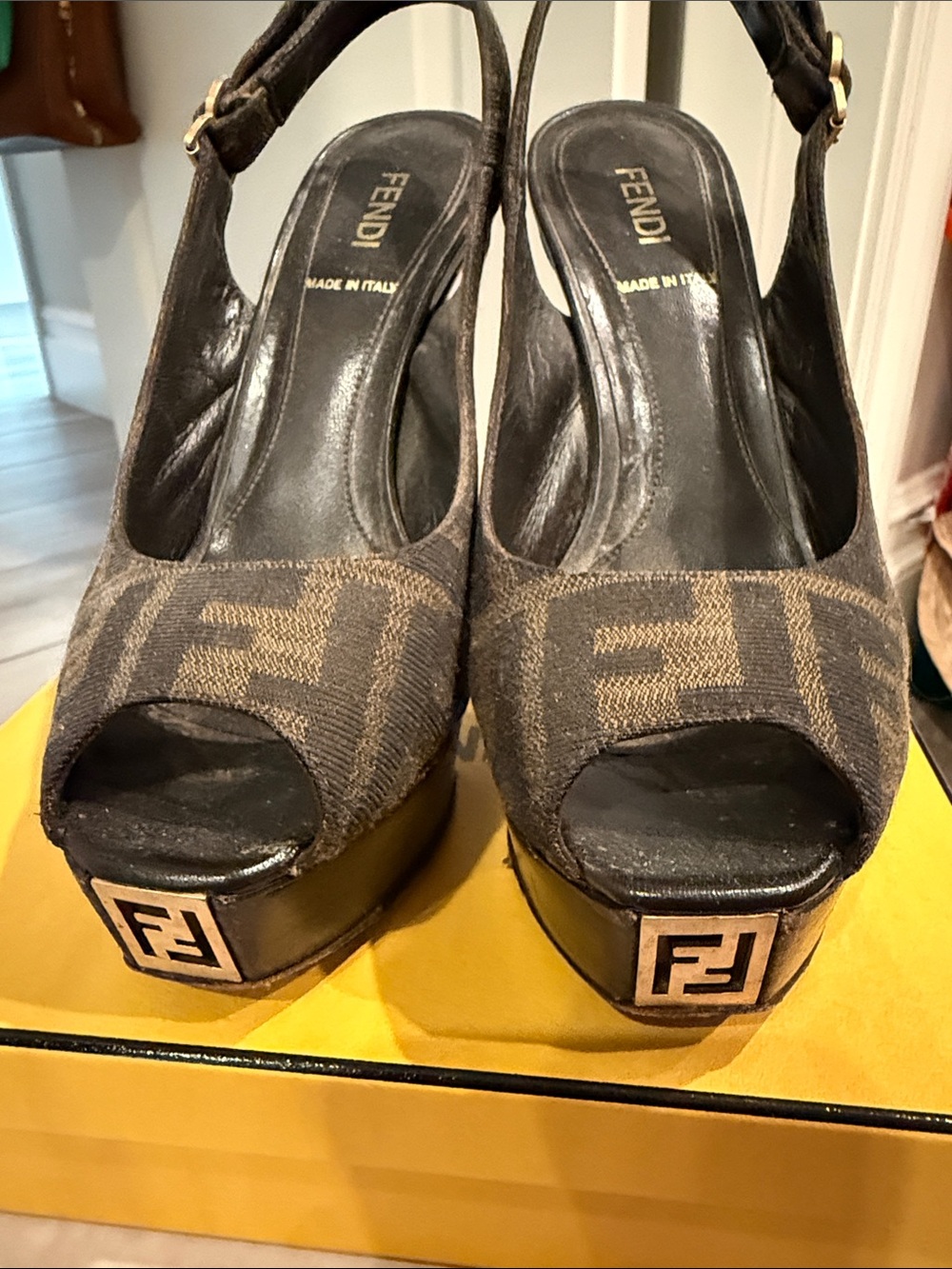 Fendi Brown Zucca Peep-Toe Slingback Heels